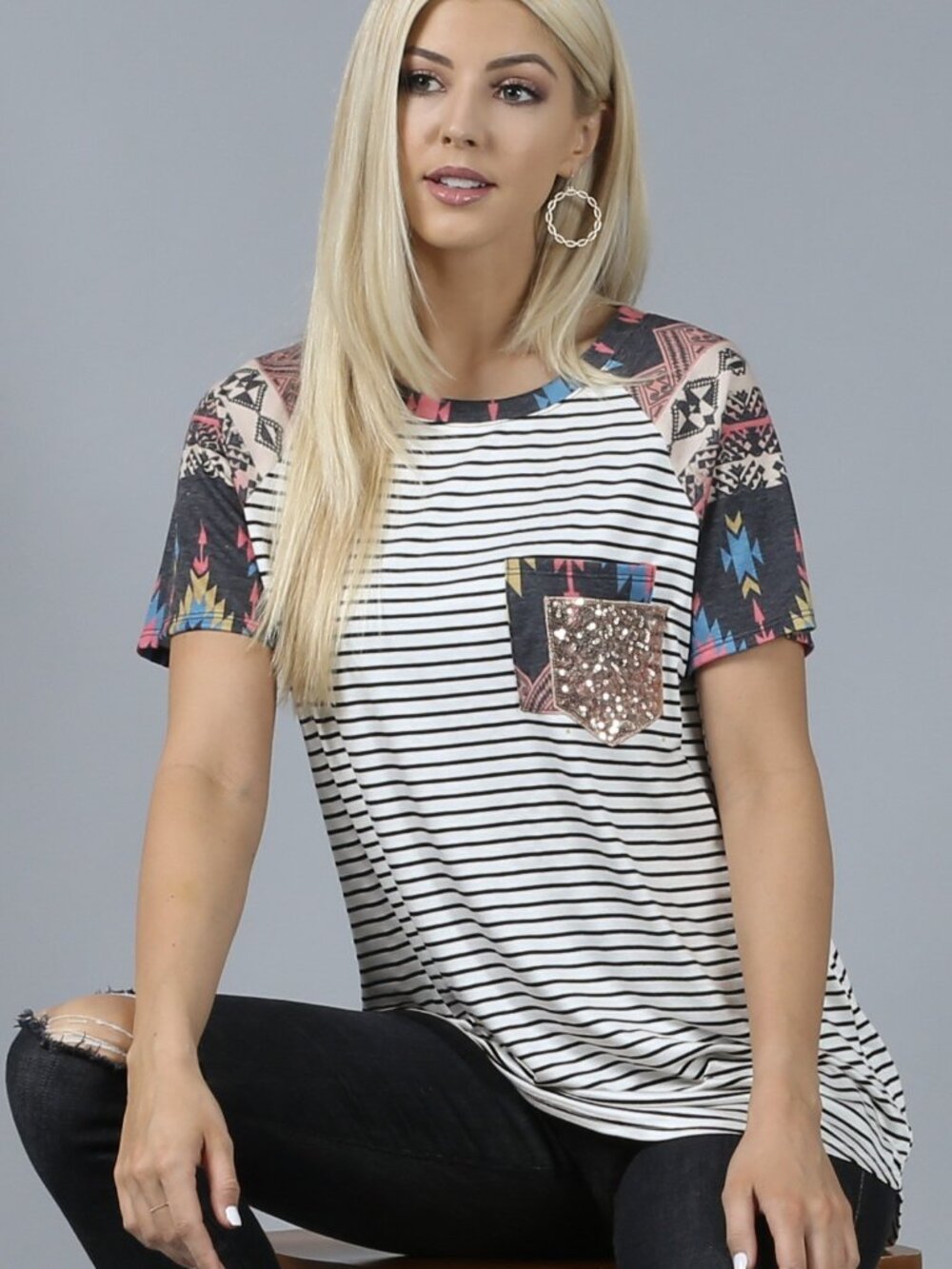 Aztec Stripe Print Sequin Pocket Accent Top